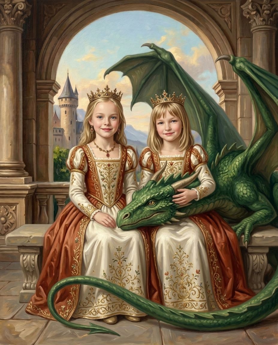 Fantasy Royalty – Kız Kardeşler kişiye özel portre tasarım örneği