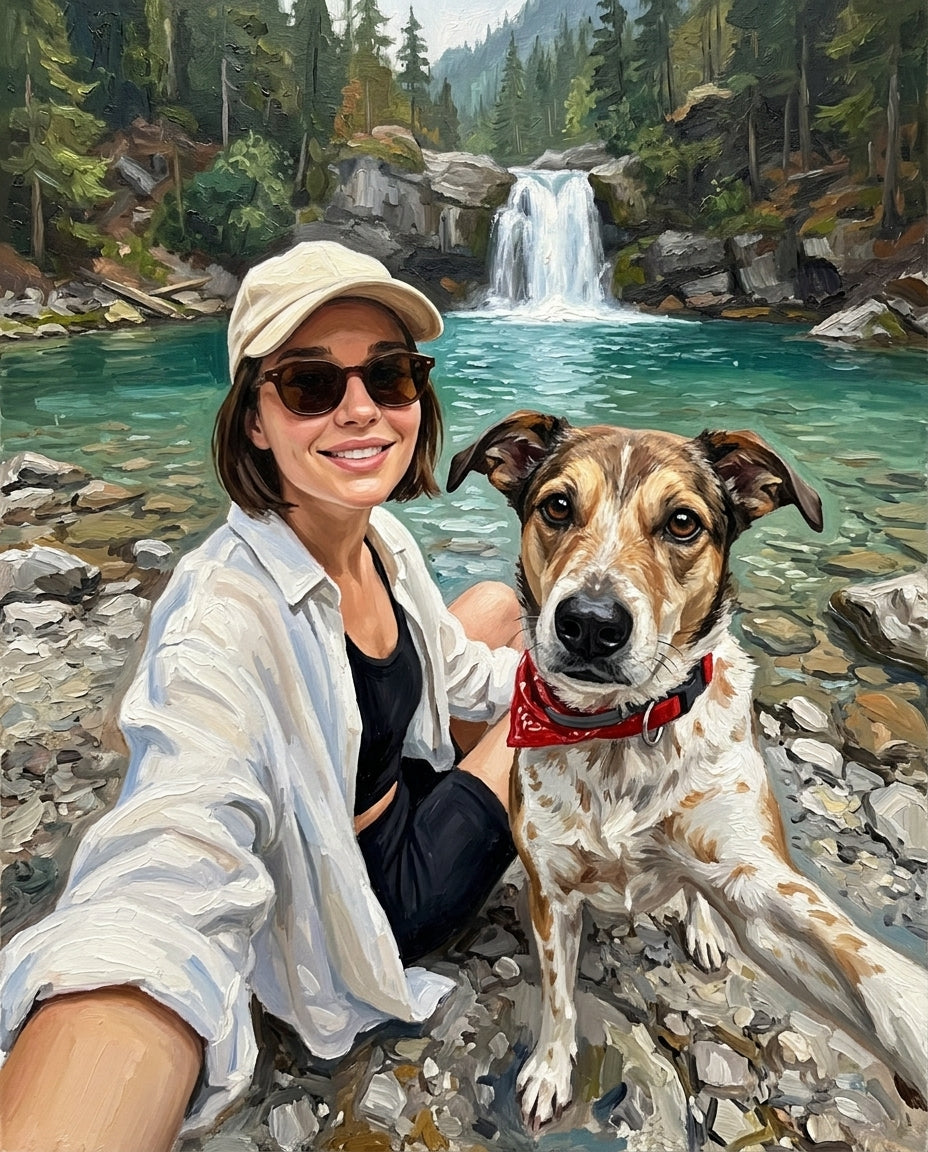 Mountain Waterfall – Kadın ve Evcil Dostlar kişiye özel portre tasarım örneği