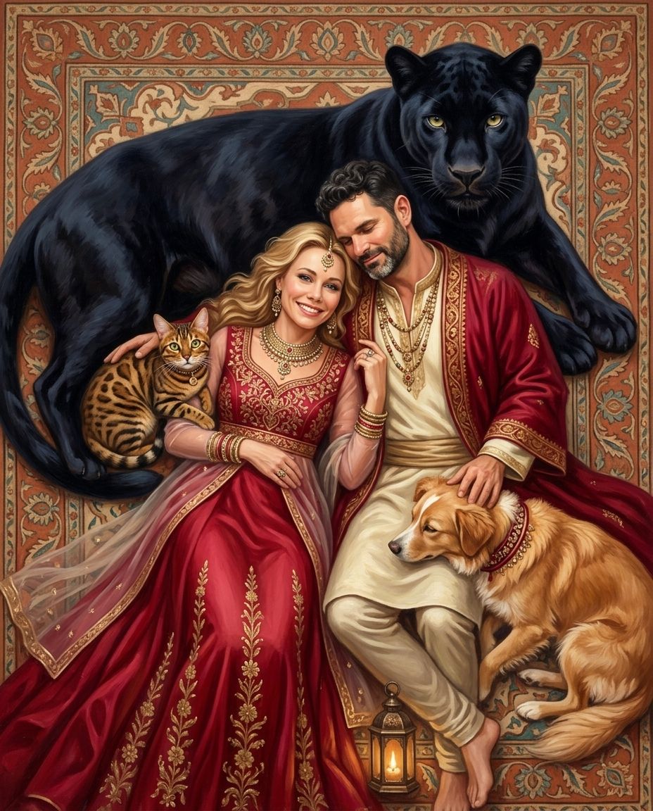 Persian Reverie – Çift ve Evcil Dostlar kişiye özel portre tasarım örneği