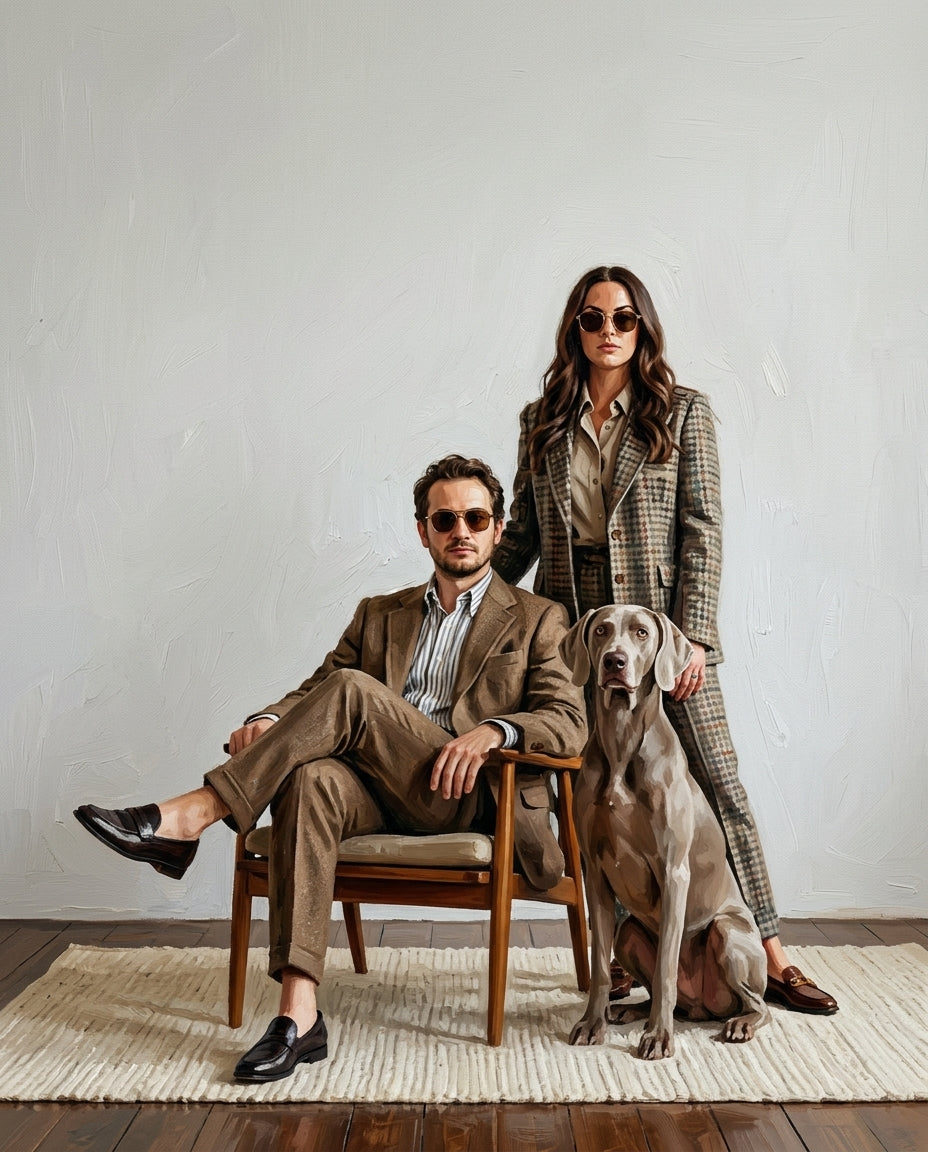 Modern Sophistication – Çift ve Evcil Dostlar kişiye özel portre tasarım örneği