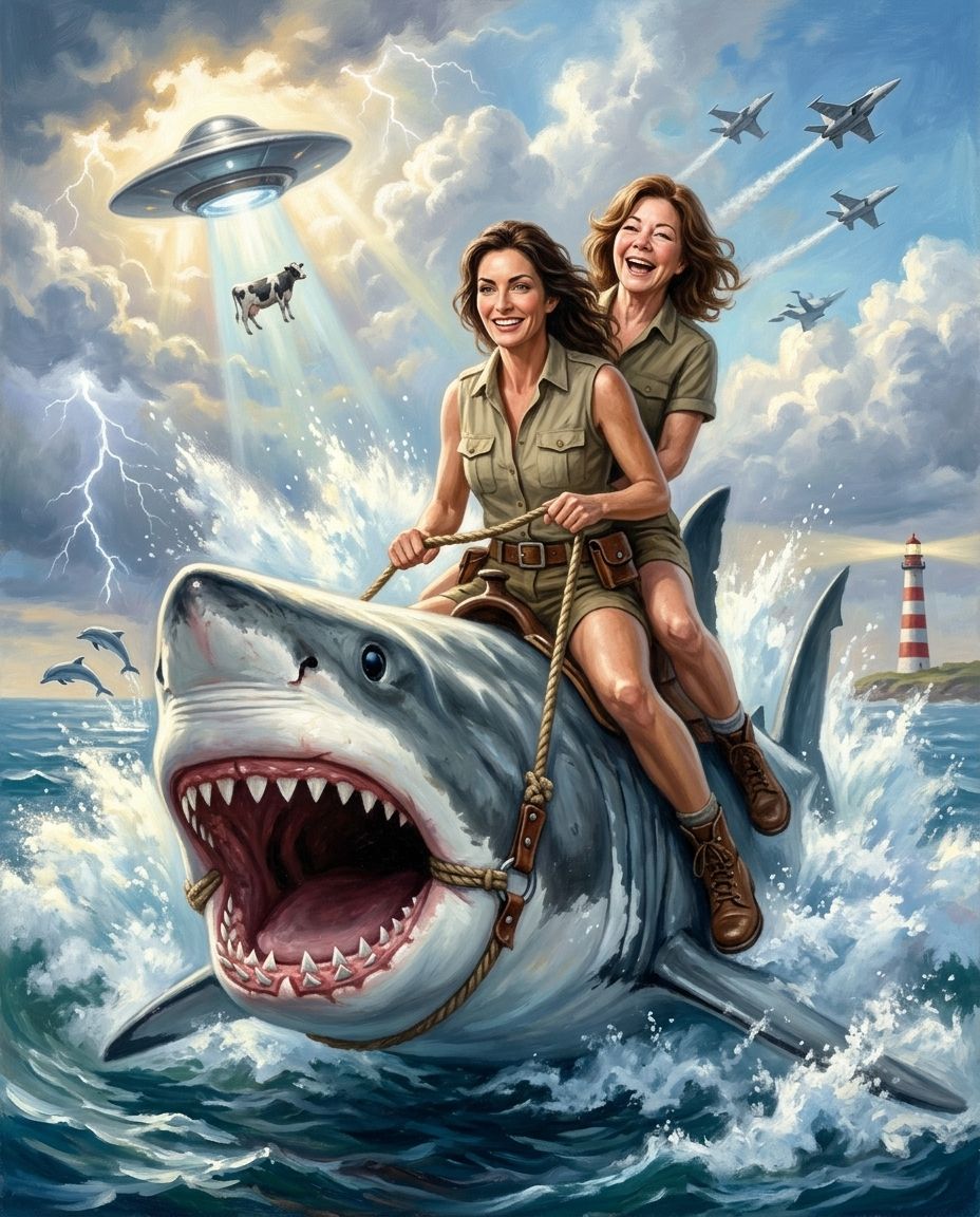 Shark Rider – Yetişkin Kız Kardeşler kişiye özel portre tasarım örneği