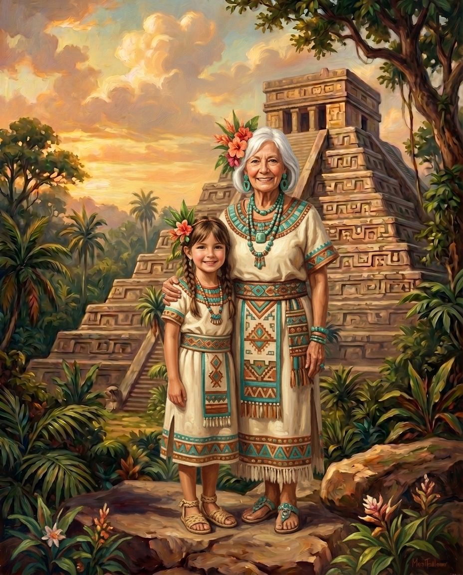 Aztecs – Büyükanne ve Torunlar kişiye özel portre tasarım örneği