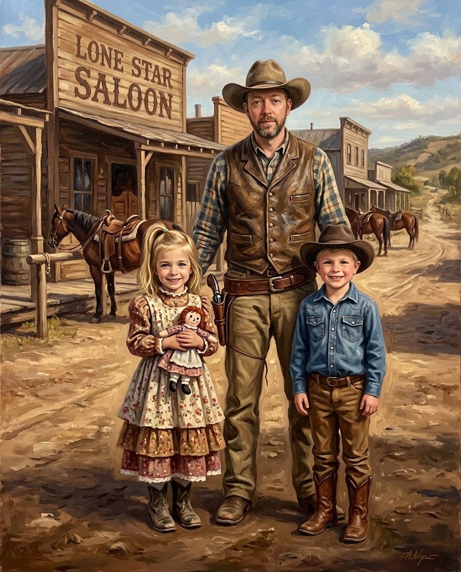 The Saloon – Baba ve Çocuklar kişiye özel portre tasarım örneği