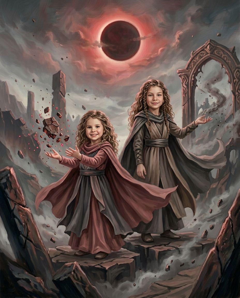 Crimson Ascension – Kız Kardeşler kişiye özel portre tasarım örneği