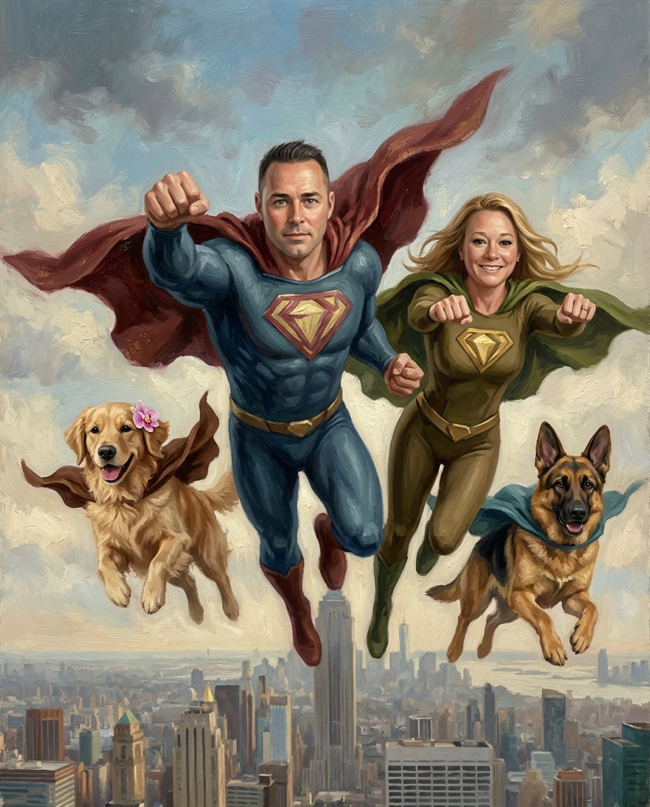 Super Hero – Çift ve Evcil Dostlar kişiye özel portre tasarım örneği