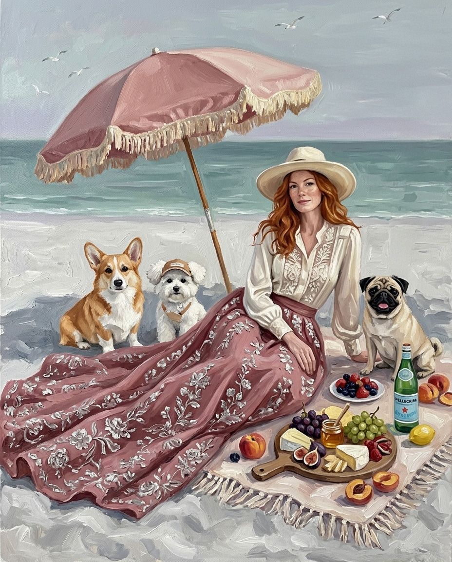 Seaside Picnic – Kadın ve Evcil Dostlar kişiye özel portre tasarım örneği