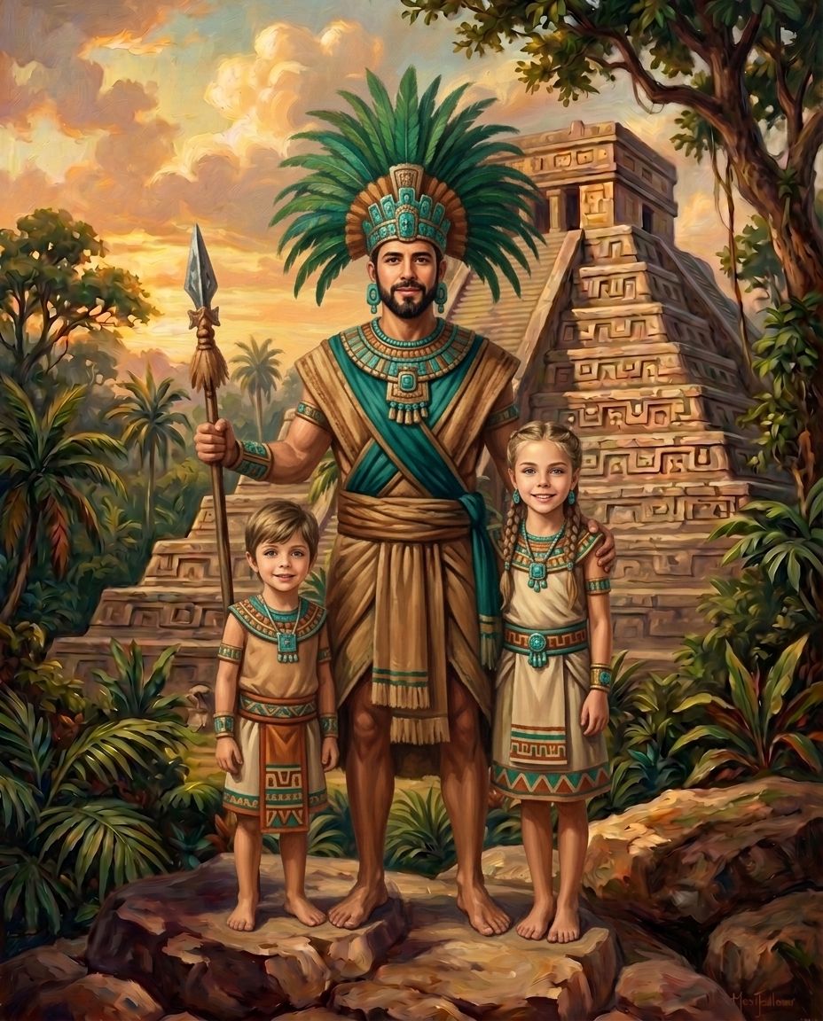 Aztecs – Baba ve Çocuklar kişiye özel portre tasarım örneği