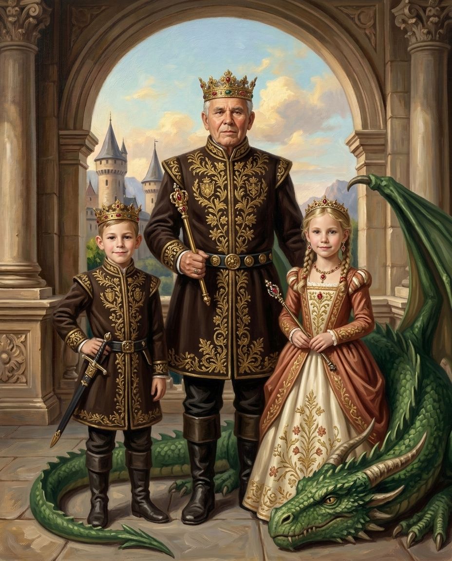 Fantasy Royalty – Büyükbaba ve Torunlar kişiye özel portre tasarım örneği