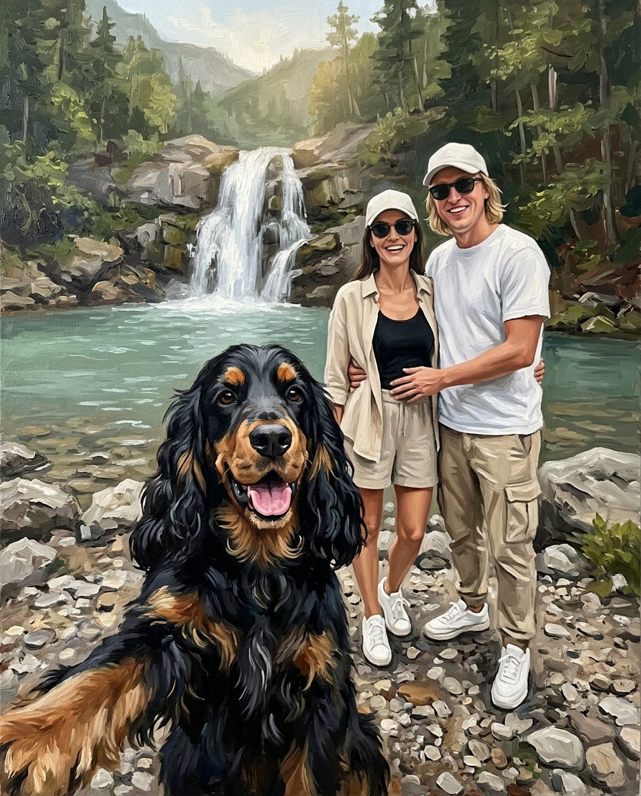 Mountain Waterfall – Çift ve Evcil Dostlar kişiye özel portre tasarım örneği