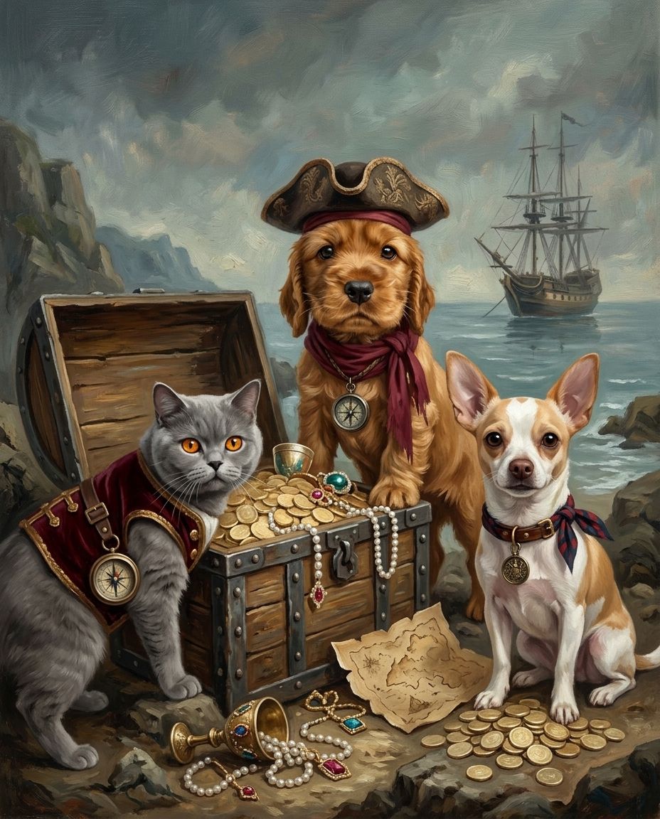 Treasure Seekers – Evcil Dostlar kişiye özel portre tasarım örneği