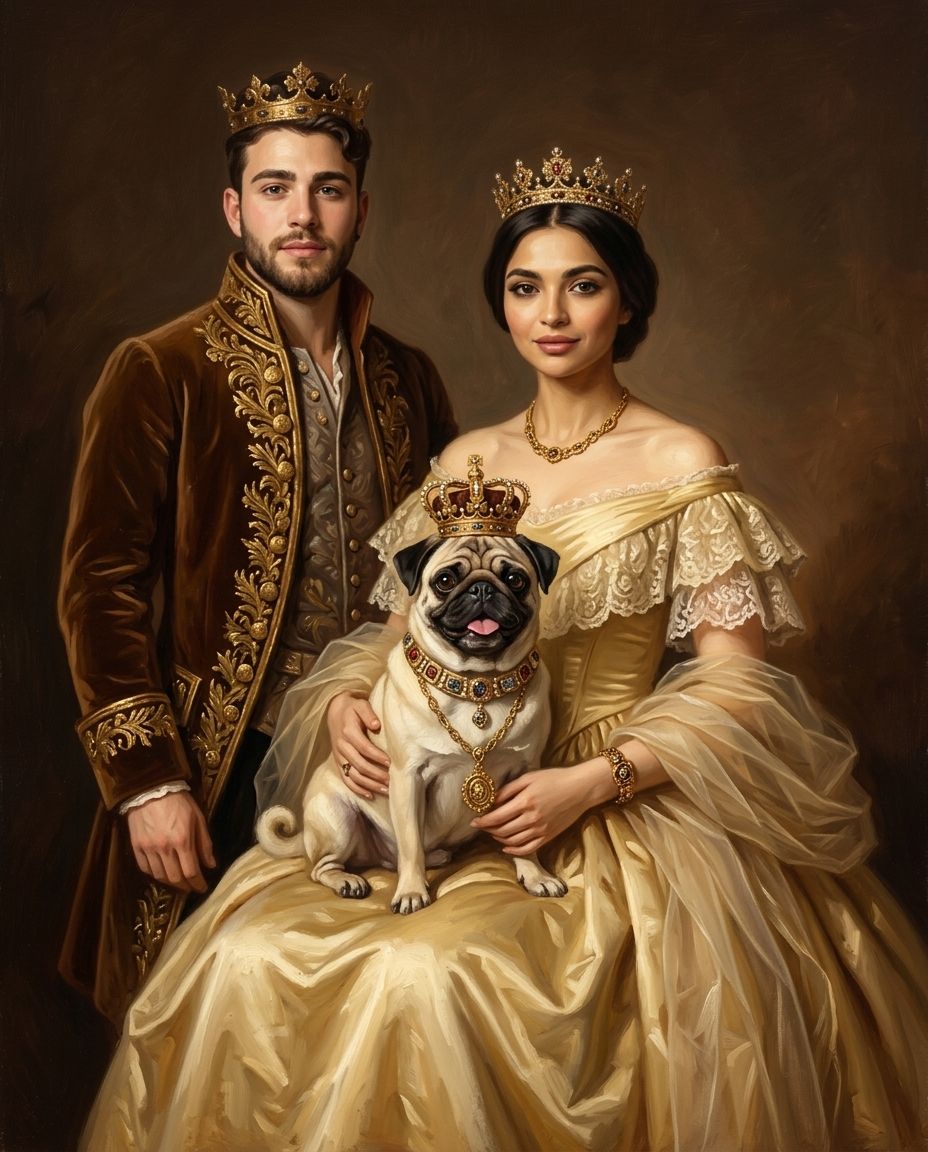 Royals in Gold – Çift ve Evcil Dostlar kişiye özel portre tasarım örneği