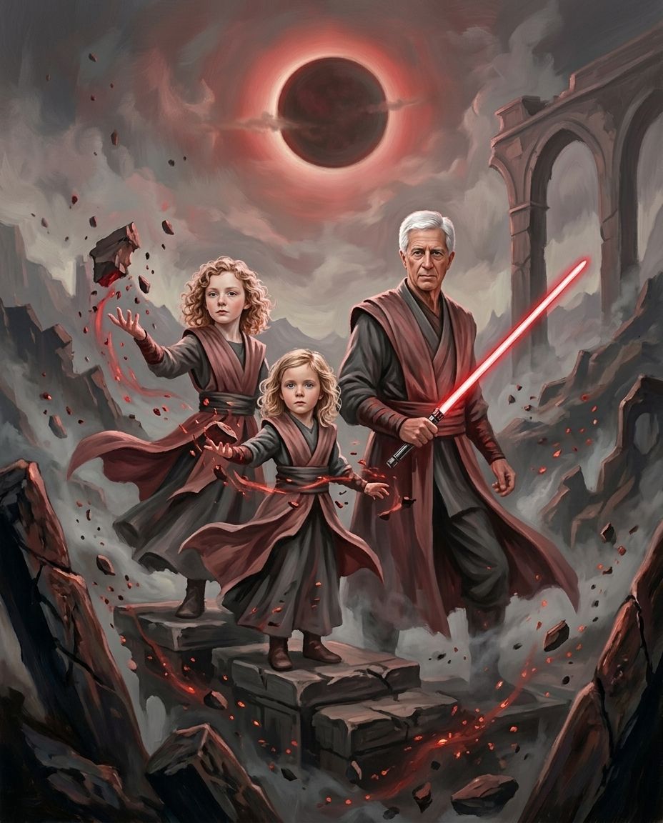 Crimson Ascension – Büyükbaba ve Torunlar kişiye özel portre tasarım örneği