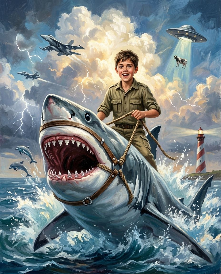 Shark Rider – Çocuk kişiye özel portre tasarım örneği