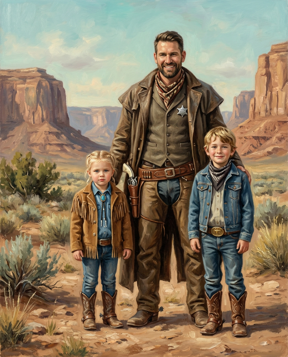 Cowboy – Baba ve Çocuklar kişiye özel portre tasarım örneği