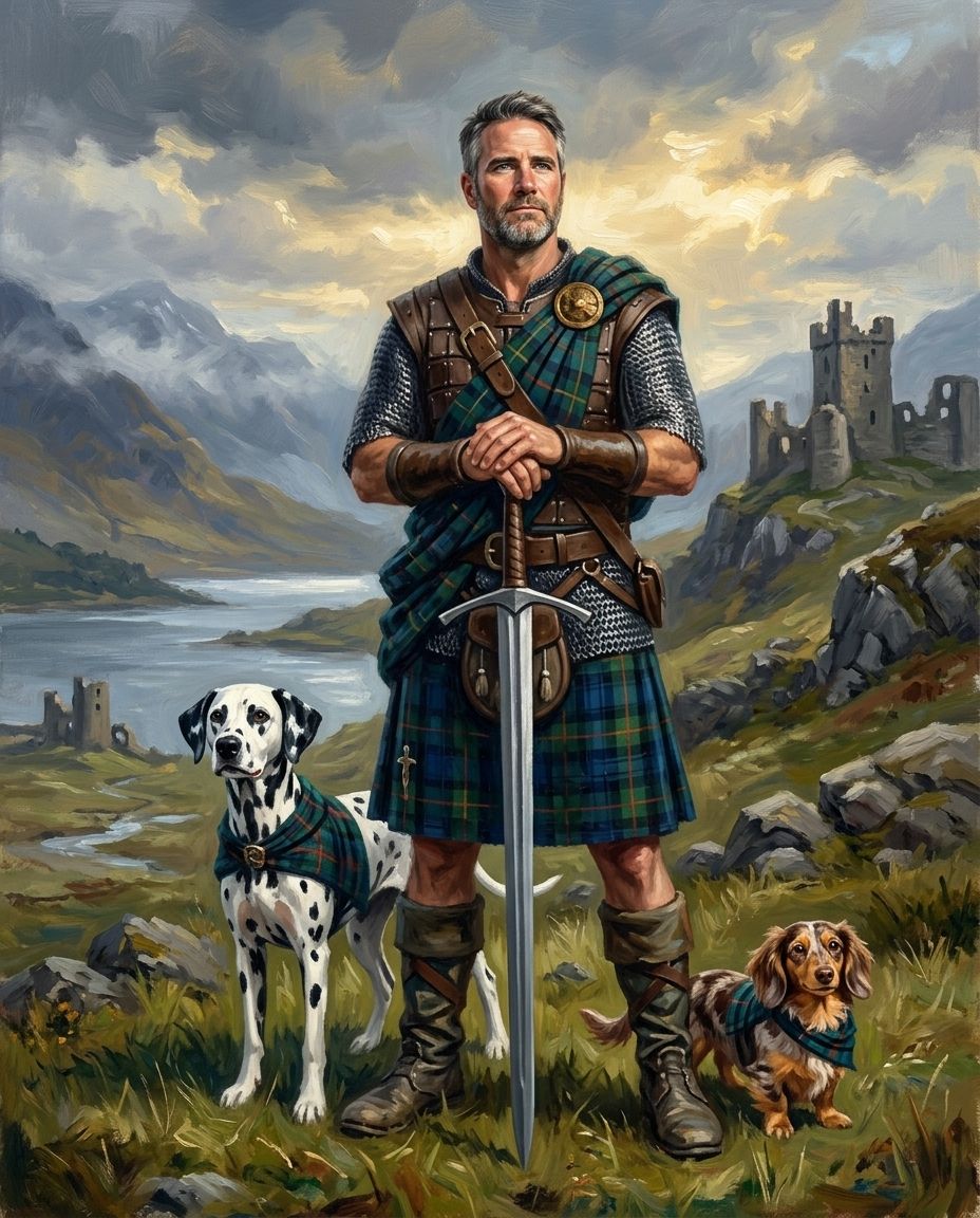 Highland Warrior – Erkek ve Evcil Dost kişiye özel portre tasarım örneği