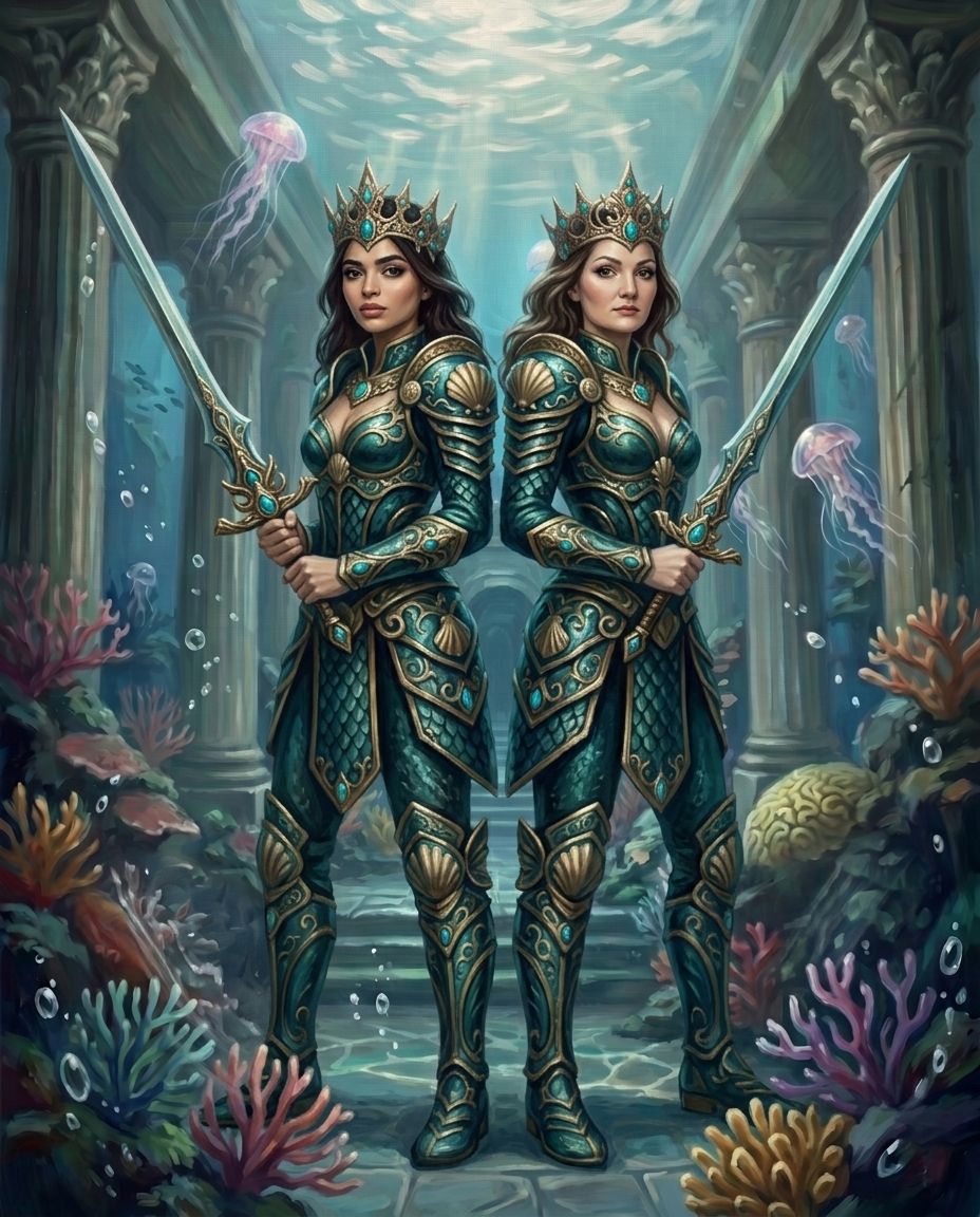 Ocean Guardian – Yetişkin Kız Kardeşler kişiye özel portre tasarım örneği