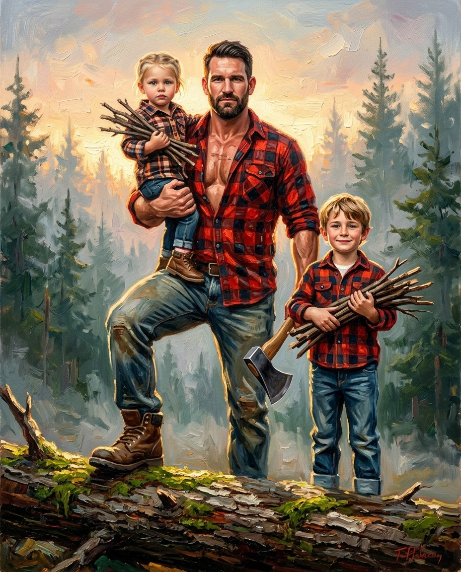 Lumberjack – Baba ve Çocuklar kişiye özel portre tasarım örneği