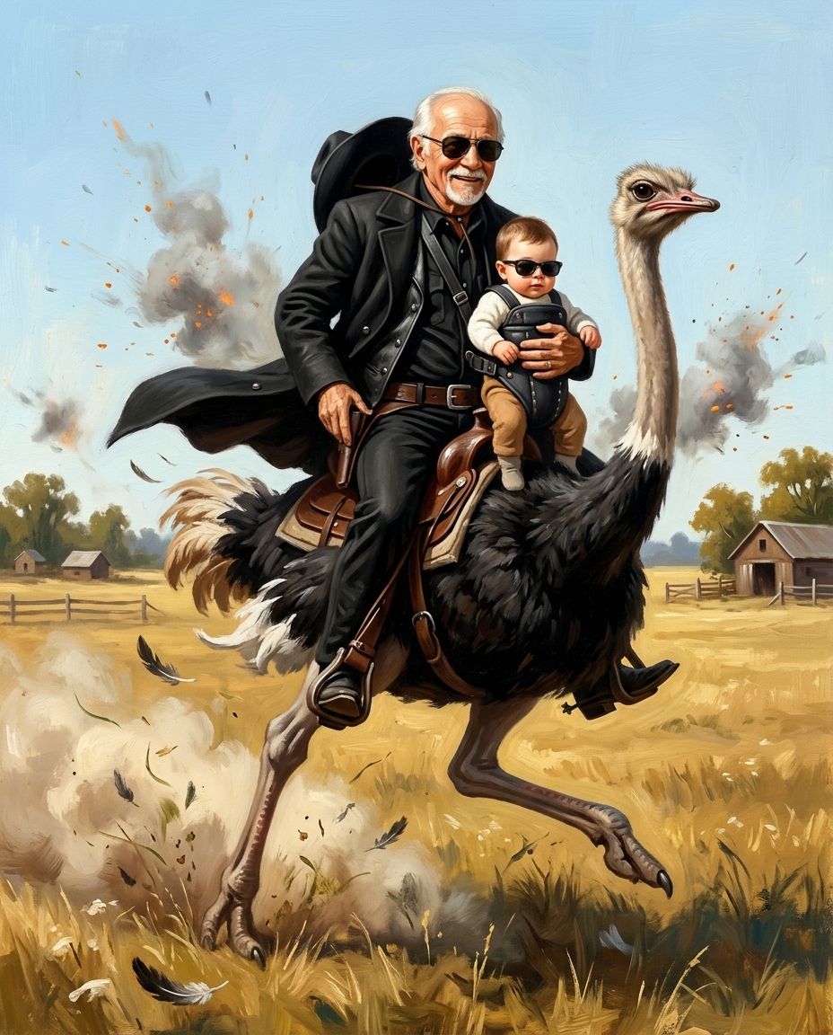 Ostrich Outlaw – Büyükbaba ve Torunlar kişiye özel portre tasarım örneği