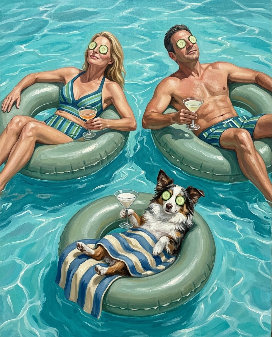 Lazy Float – Çift ve Evcil Dostlar kişiye özel portre tasarım örneği