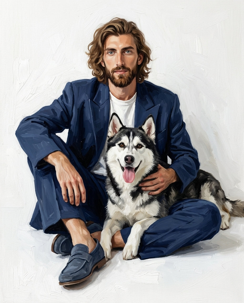 Tailored Companions – Erkek ve Evcil Dost kişiye özel portre tasarım örneği