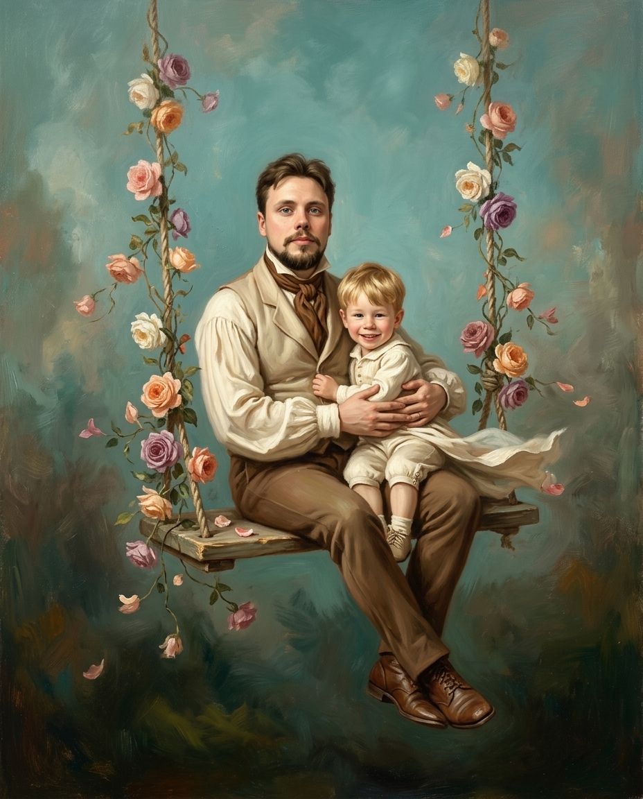 The Swing of Serenity – Baba ve Çocuklar kişiye özel portre tasarım örneği