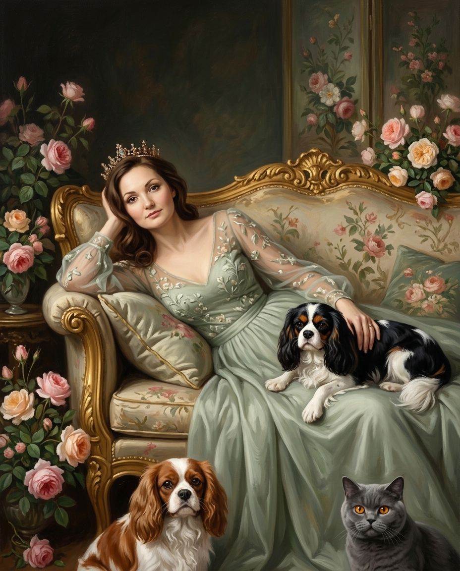 Royal Daydream – Kadın ve Evcil Dostlar kişiye özel portre tasarım örneği