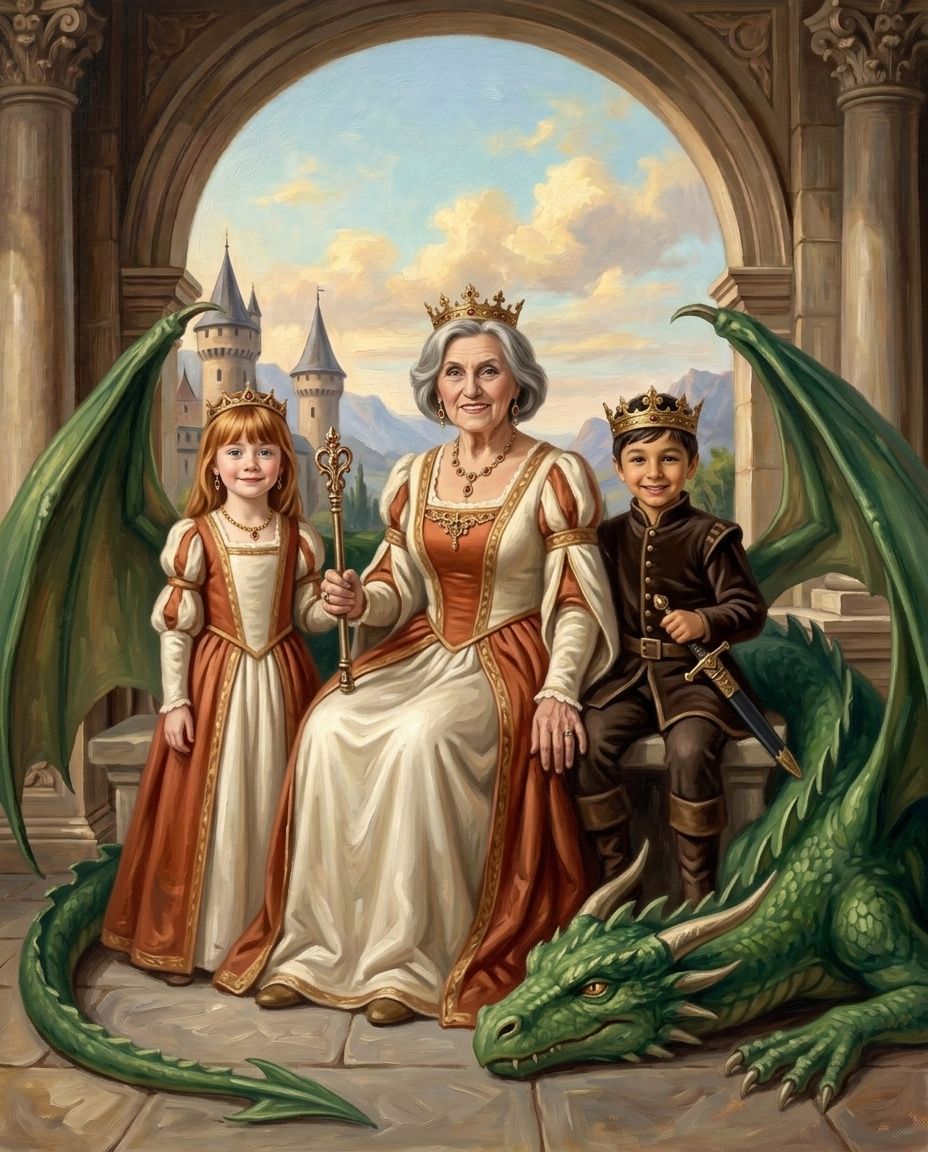 Fantasy Royalty – Büyükanne ve Torunlar kişiye özel portre tasarım örneği