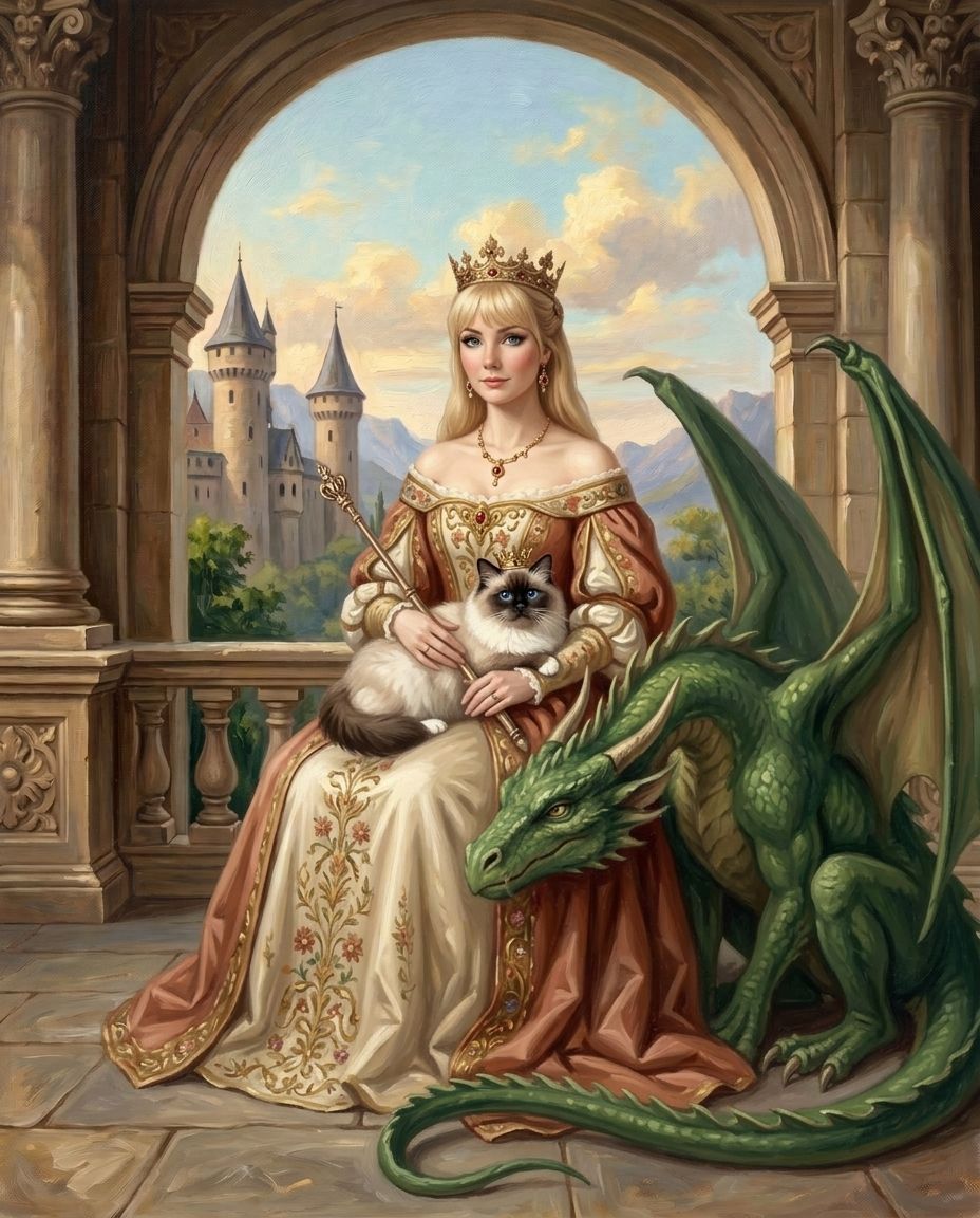 Fantasy Royalty – Kadın ve Evcil Dostlar kişiye özel portre tasarım örneği
