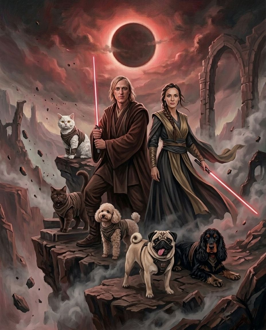 Crimson Ascension – Çift ve Evcil Dostlar kişiye özel portre tasarım örneği