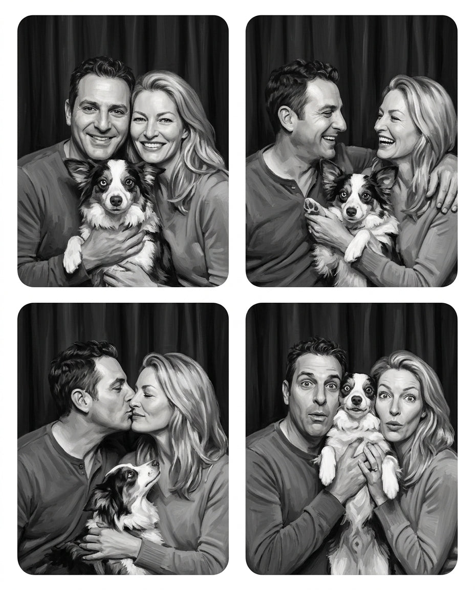 Photo Booth – Çift ve Evcil Dostlar kişiye özel portre tasarım örneği