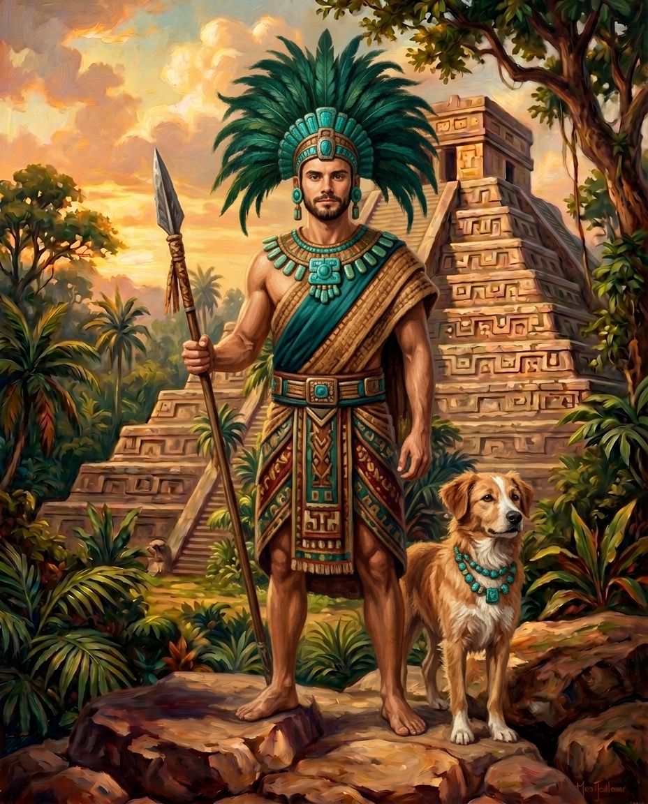 Aztecs – Erkek ve Evcil Dost kişiye özel portre tasarım örneği