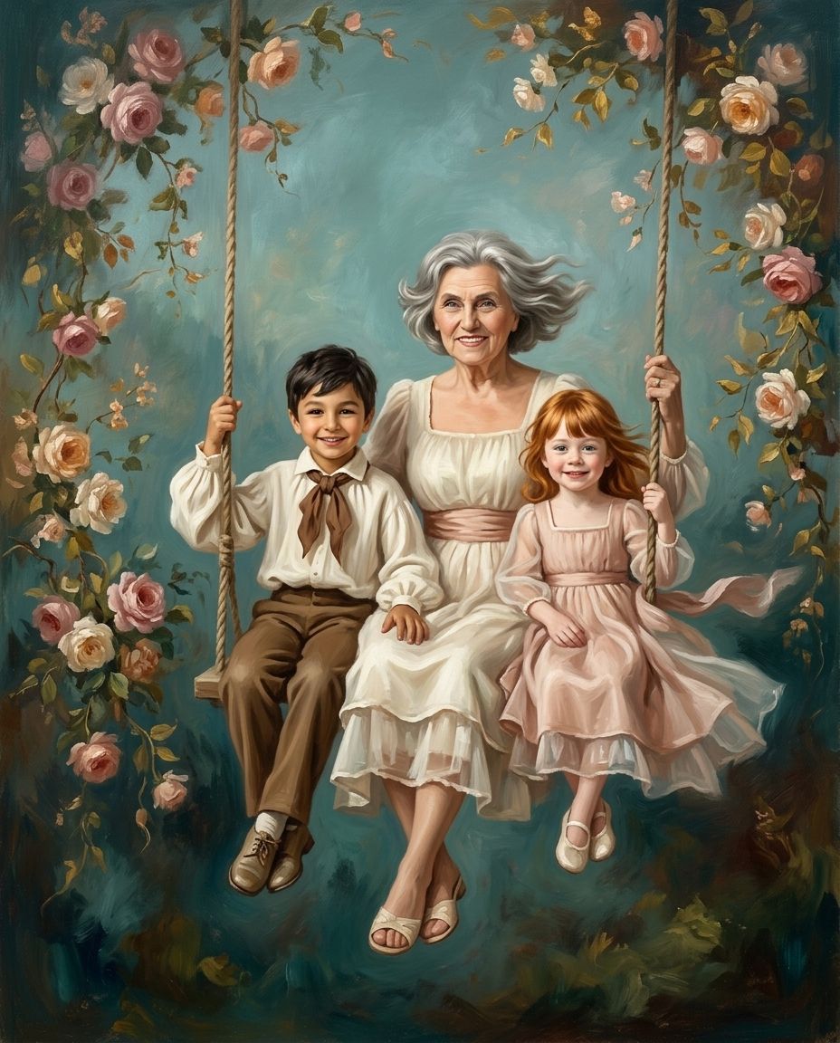 The Swing of Serenity – Büyükanne ve Torunlar kişiye özel portre tasarım örneği