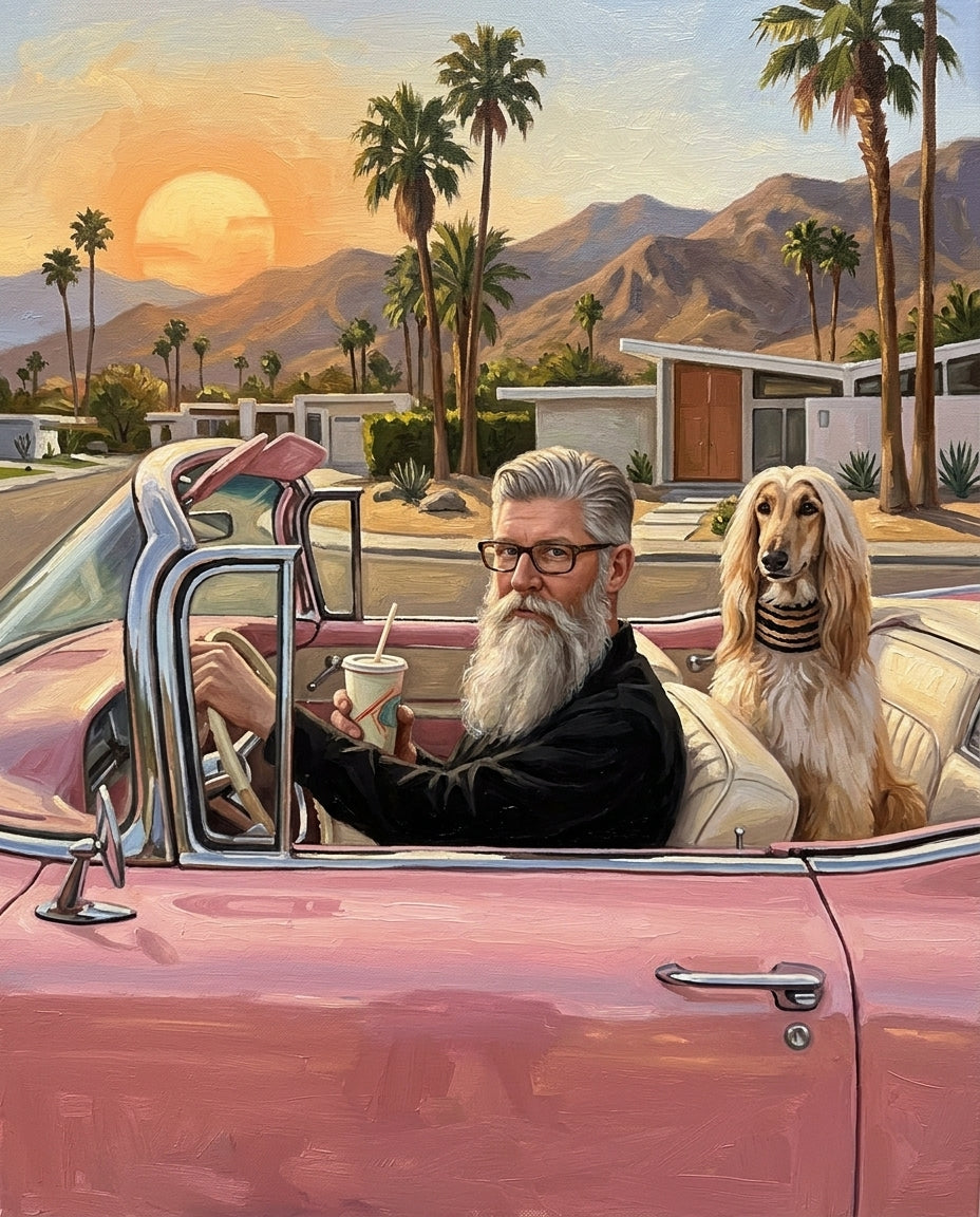 Palm Springs – Erkek ve Evcil Dost kişiye özel portre tasarım örneği