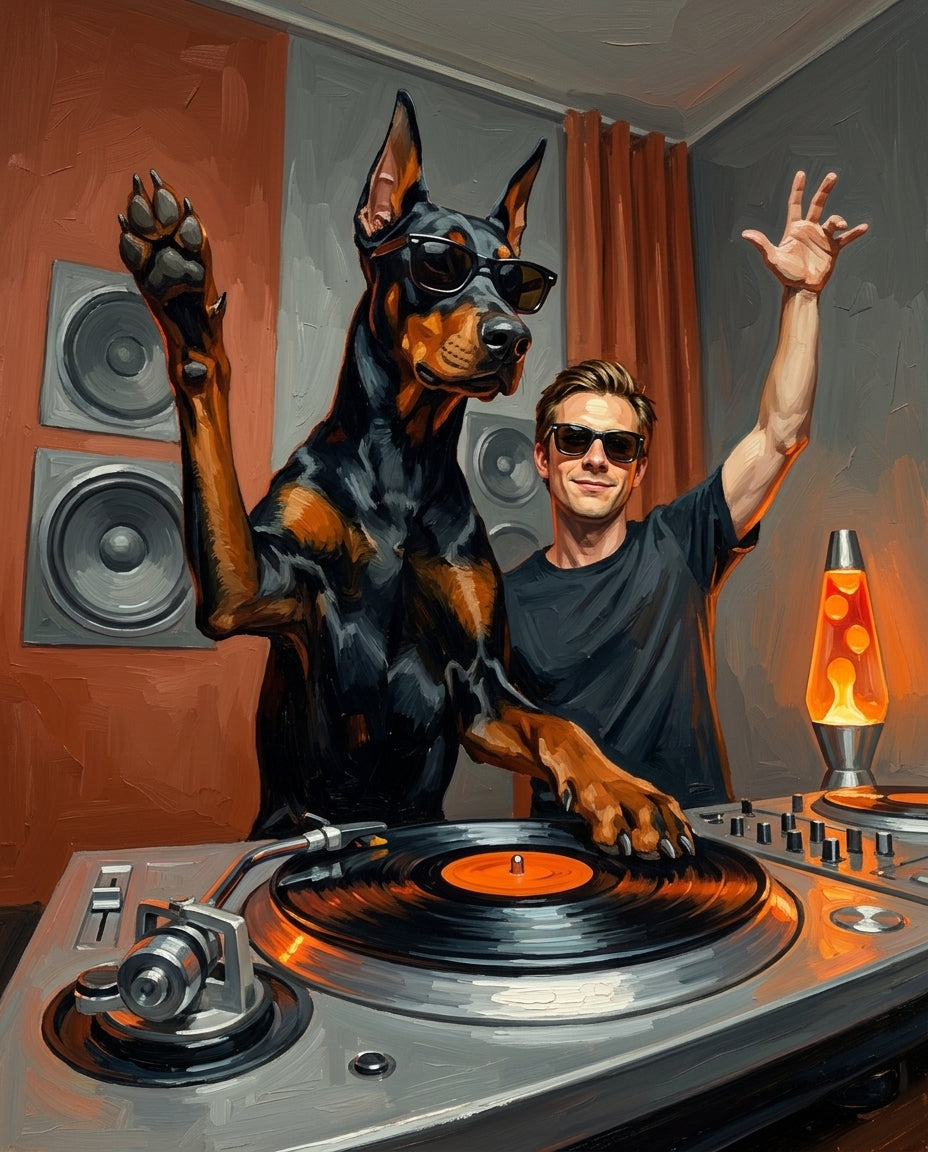 Drop the Beat – Erkek ve Evcil Dost kişiye özel portre tasarım örneği