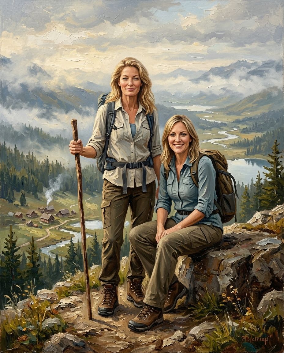 Mountain Explorer – Yetişkin Kız Kardeşler kişiye özel portre tasarım örneği