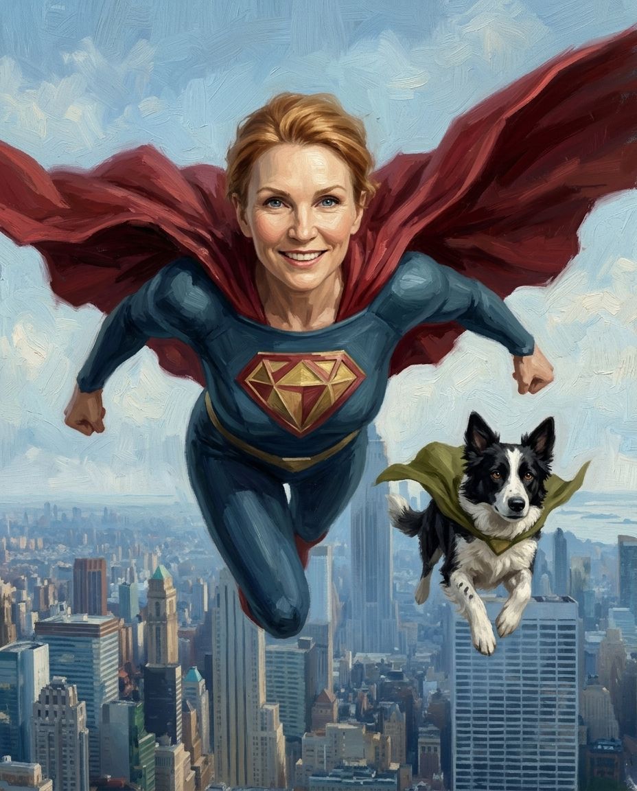 Super Hero – Kadın ve Evcil Dostlar kişiye özel portre tasarım örneği