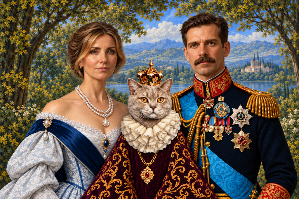 Regal Trio — doğal anatomik oranlar ve tutarlı resim dokusuyla kişiselleştirilebilir kraliyet portresi örneği