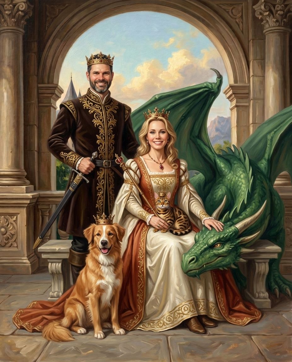 Fantasy Royalty – Çift ve Evcil Dostlar kişiye özel portre tasarım örneği