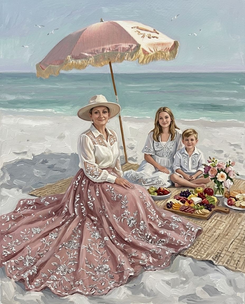 Seaside Picnic – Anne ve Çocuklar kişiye özel portre tasarım örneği