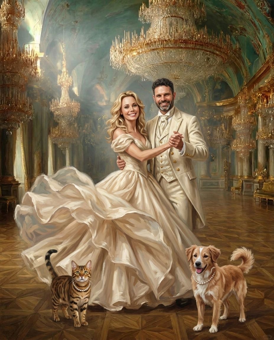 Ballroom – Çift ve Evcil Dostlar kişiye özel portre tasarım örneği