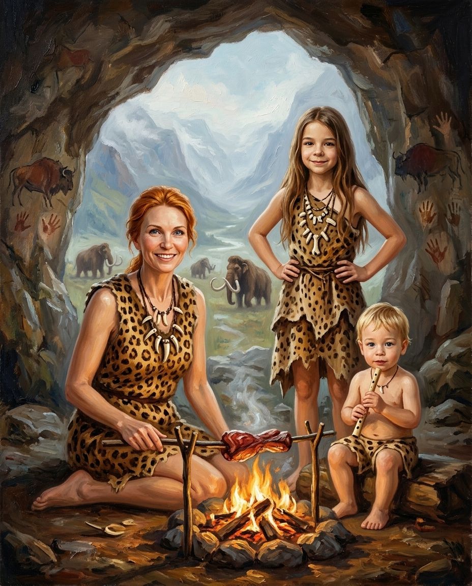 Cave Family – Anne ve Çocuklar kişiye özel portre tasarım örneği