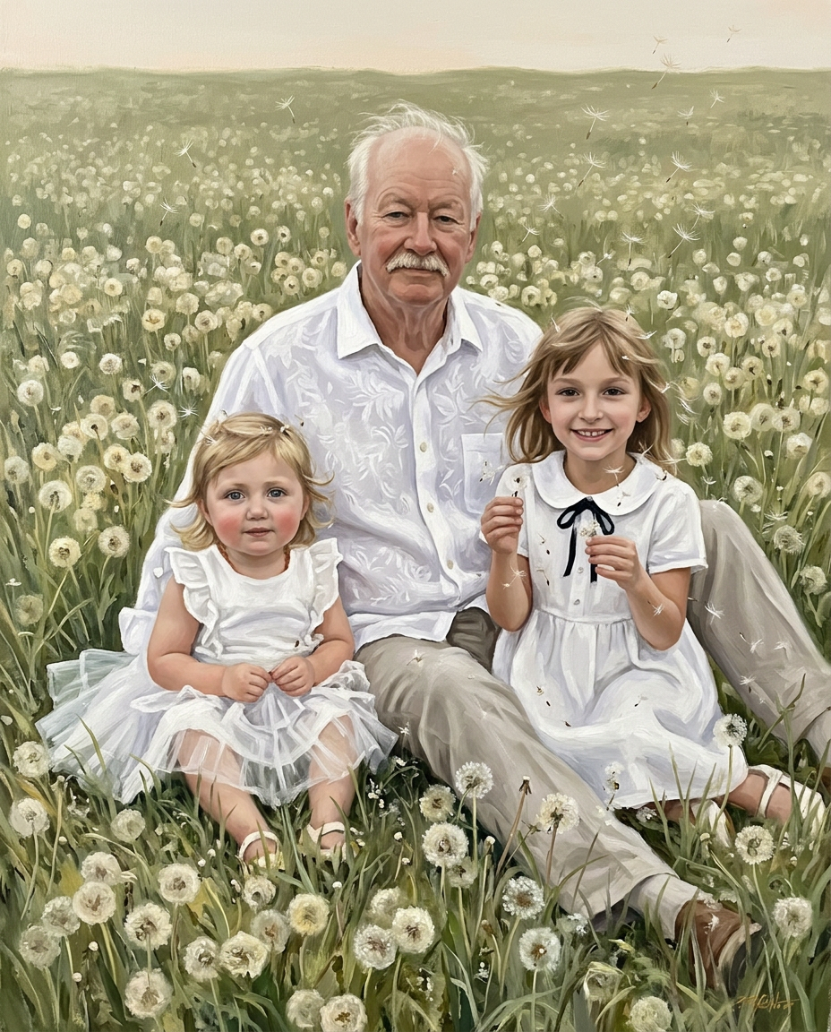 Fields of Fluff – Büyükbaba ve Torunlar kişiye özel portre tasarım örneği