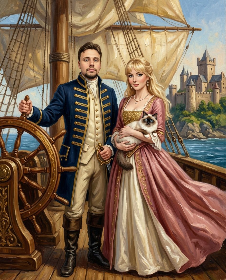 Royal Voyage – Çift ve Evcil Dostlar kişiye özel portre tasarım örneği