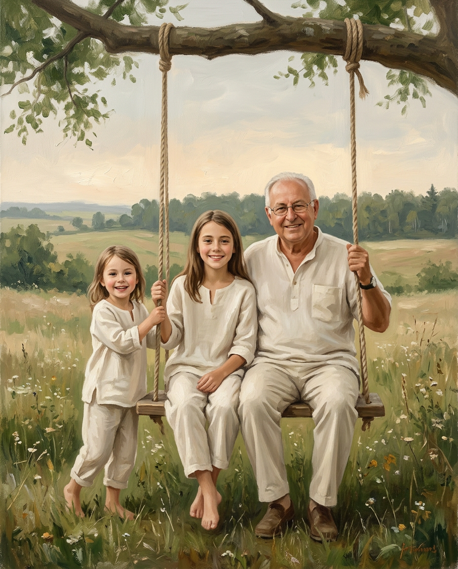 Memory Swing – Büyükbaba ve Torunlar kişiye özel portre tasarım örneği