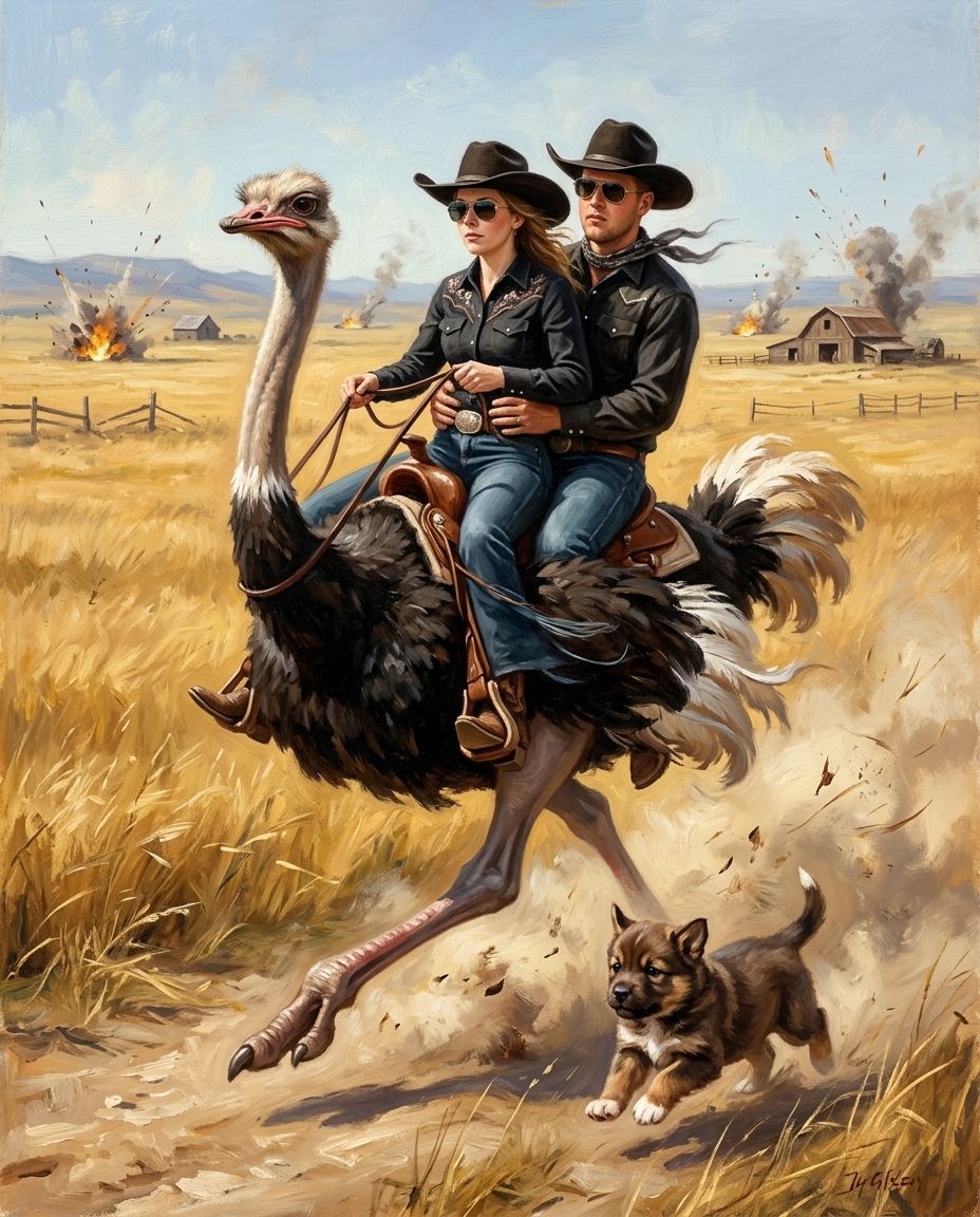 Ostrich Outlaw – Çift ve Evcil Dostlar kişiye özel portre tasarım örneği