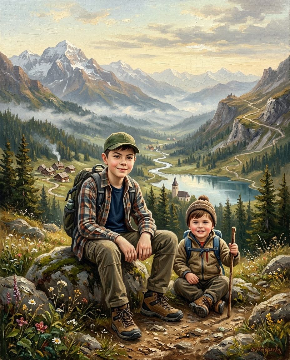 Mountain Explorer – Erkek Kardeşler kişiye özel portre tasarım örneği