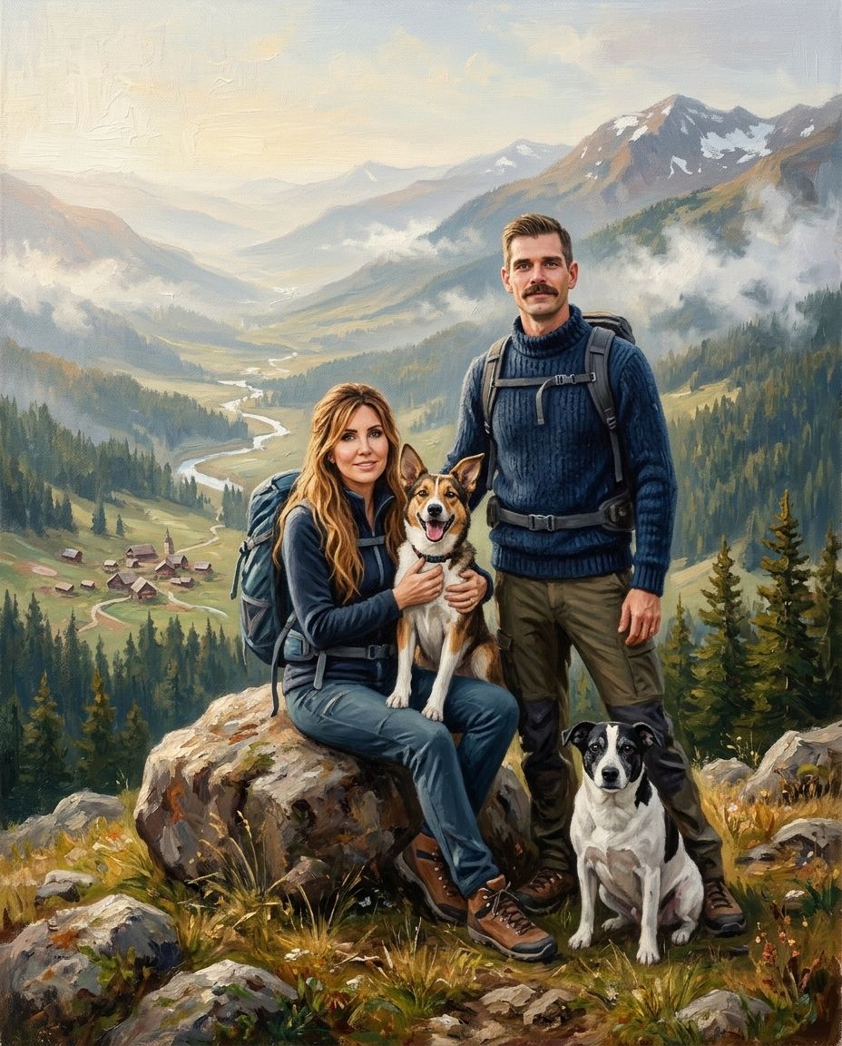 Mountain Explorer – Çift ve Evcil Dostlar kişiye özel portre tasarım örneği