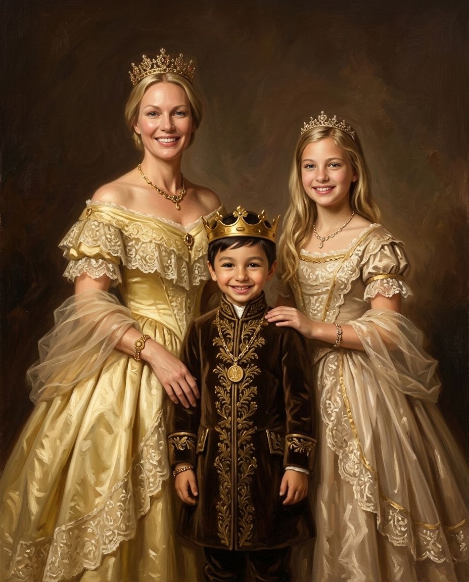 Royals in Gold – Anne ve Çocuklar kişiye özel portre tasarım örneği