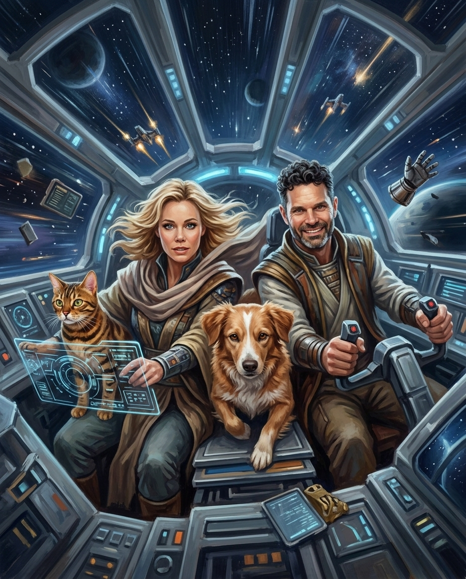 Galactic Guardian – Çift ve Evcil Dostlar kişiye özel portre tasarım örneği