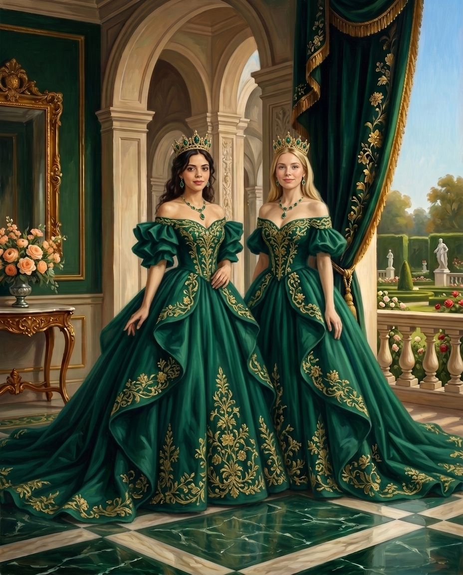 Emerald Imperials – Yetişkin Kız Kardeşler kişiye özel portre tasarım örneği